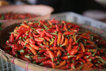 Red hot chili peppers for sale at street food market in Jakarta, Indonesiaの写真素材