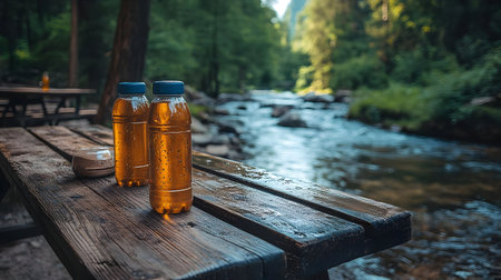 Two Bottles on Wooden Picnic Table by Flowing Stream - Realistic Photoの素材
