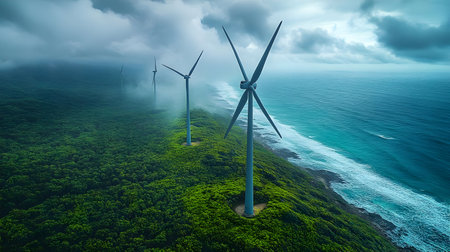 Wind Turbines on a Coastal Cliffside - Aerial Photoの素材