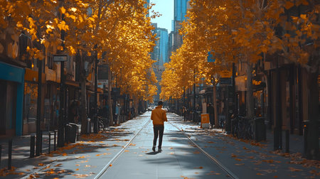 Autumn City Street Illustration, Golden Leavesの素材