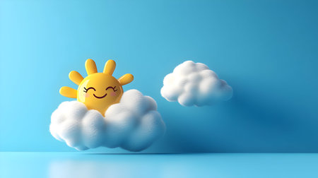 Smiling Sun in Fluffy Clouds 3D Illustrationの素材