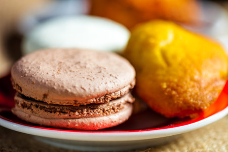 Macaroon sweet biscuits, French pastries of different colors