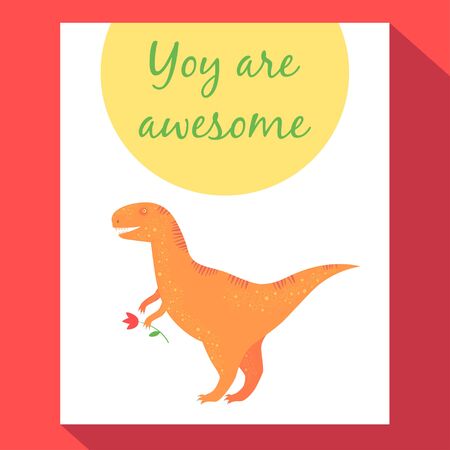 Postcard with dinosaur on red background.のイラスト素材
