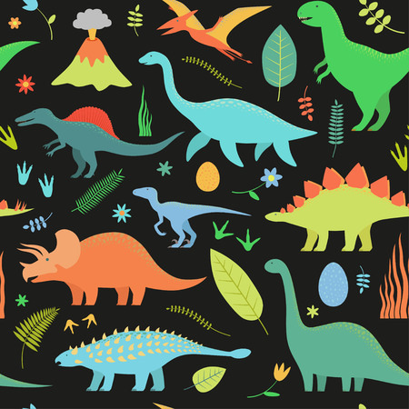 Dino seamless pattern on black background.のイラスト素材