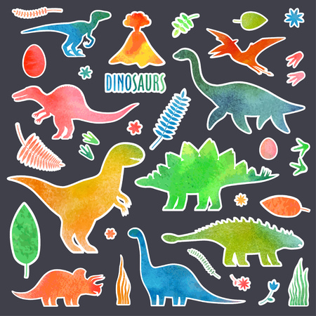 Dino watercolor stickers set. Dinosaurus stickers isolated.のイラスト素材