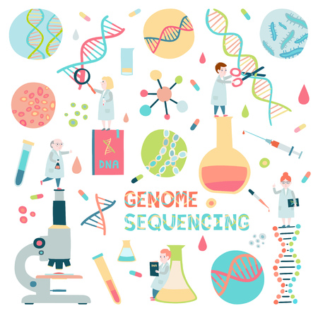Set of genome sequensing elements. Small sientists, microscope, molecule helix of dna.のイラスト素材