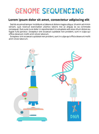 Genome sequensing concept for magazine article. Molecule helix of dna, microscope.のイラスト素材