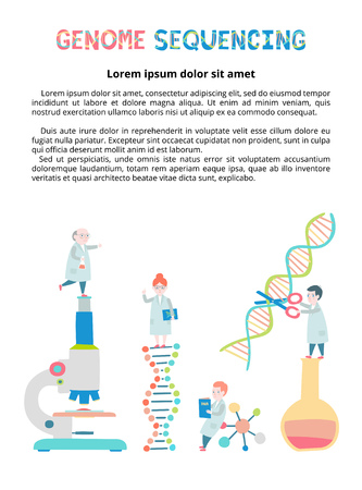 Scientists set for magazine article. Molecule helix of dna, genome or gene evolution.のイラスト素材