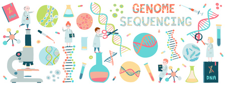 Background concept of small scientists. Genome sequensine. Molecule helix of dna, genome or gene evolution.のイラスト素材