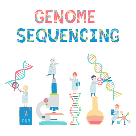 Set of small scientists. Genome sequensing concept. Molecule helix of dna, genome or gene evolution.のイラスト素材