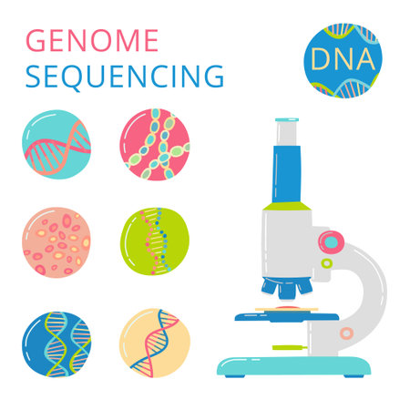 Microscope and dna elements concept. Vector illustration isolated on white.のイラスト素材