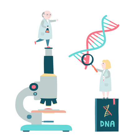Little scientists concept. Microscop, DNA structure, genome sequencing. Vector illustration.のイラスト素材
