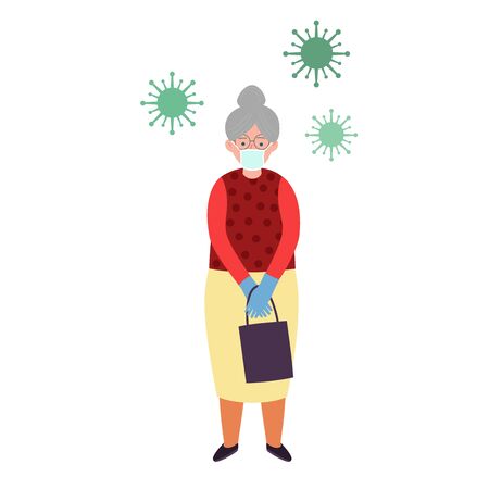 COVID-19. Old woman in face mask and gloves.のイラスト素材