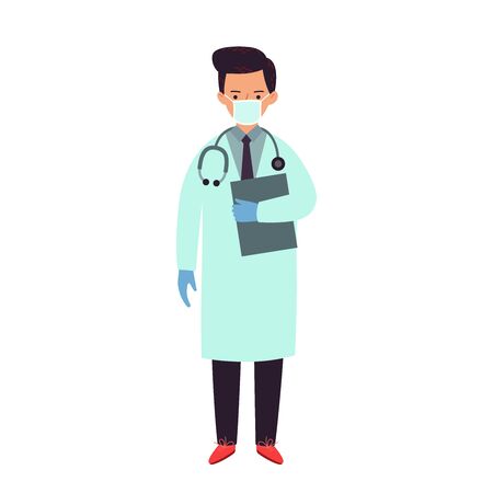 Doctor in medical mask and gloves. Vector illustration isolated on white.のイラスト素材