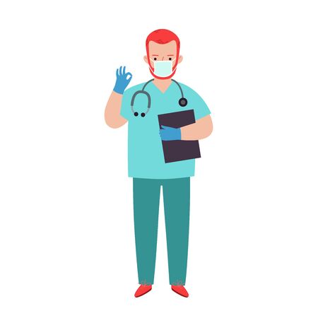 Doctor in medical mask and gloves shows ok. Vector illustration isolated on white.のイラスト素材