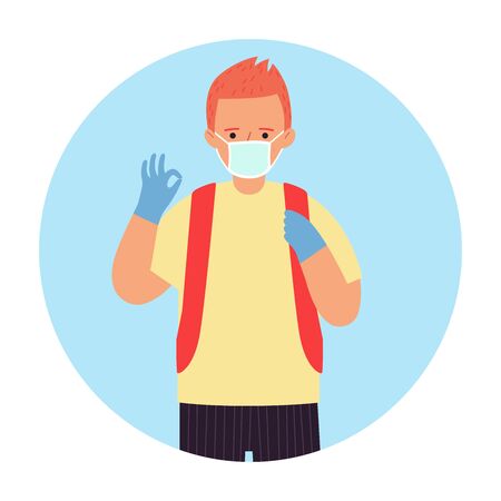COVID-19. Man in face mask and gloves in a circle.のイラスト素材