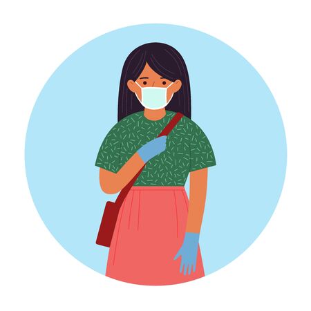 COVID-19. Woman in face mask and gloves in a circle.のイラスト素材