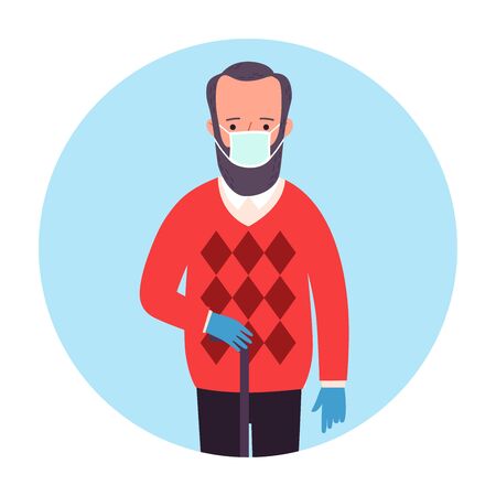 COVID-19. Old man in face mask and gloves in a circle.のイラスト素材
