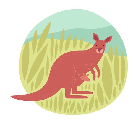 Australian animal. Kangaroo with baby in circle. Vector illustration.のイラスト素材