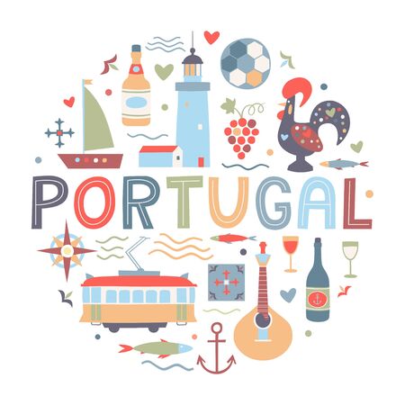 Set of portuguese elements. Fado guitar, tram, tiles azulejo, port wine, sardines, lighthouse, ship, rooster.のイラスト素材