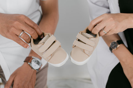 cropped shot of father and mother holding baby shoes isolated on greyの写真素材