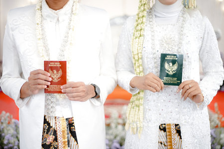 Unidentified people wearing traditional costume and holding passport