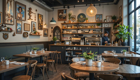 Interior of a modern cafe with tables, chairs and a beautiful interiorの素材