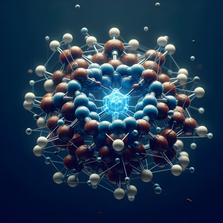3d rendering of abstract molecule structure isolated on dark blue background.の素材