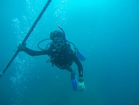 Panoramic scene under water, coral and blue backgroundの写真素材