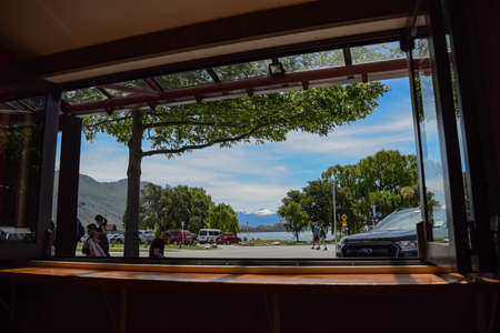 PANORAMIC VIEW LANDSCAPE, BLUE WATER MOUNTAIN AND SKY BACKGROUNDのeditorial素材