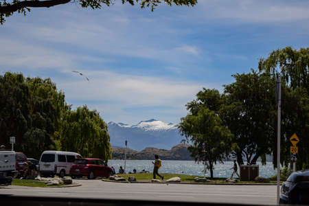 PANORAMIC VIEW LANDSCAPE, BLUE WATER MOUNTAIN AND SKY BACKGROUNDのeditorial素材