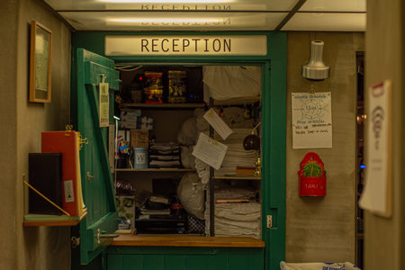 HOTEL RECEPTION GREEN AND RED, COPENHAGUE, DENMARK, MARCH 2019のeditorial素材