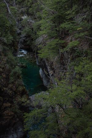 top view of narrow lake in Argentina, Rio Negroの写真素材