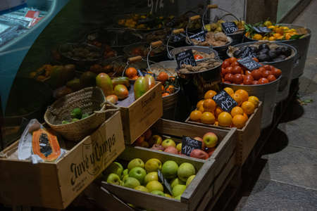 Boxes of fruit in a night scene street from Barcelona. High quality photoの写真素材