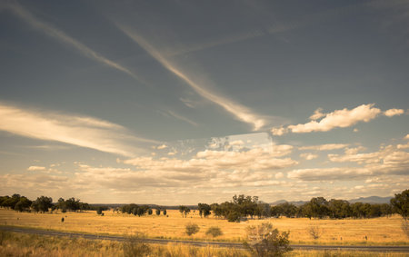 Panoramic sunset view from a farm in Australiaの写真素材