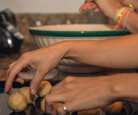 Home made, cheese bread preparartion and ingrediets on black background.の写真素材