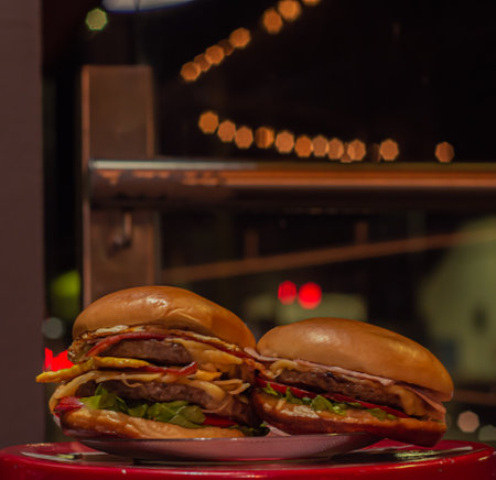 Delicious fresh home made Burguers with vegetables, Food advertising photographyの写真素材