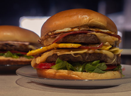 Delicious fresh home made Burguers with vegetables, Food advertising photographyの写真素材