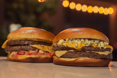 Delicious fresh home made Burguers with vegetables, Food advertising photographyの写真素材