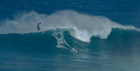 Sport photography. Jaws swell on International surfing event in Maui, Hawai 2021 December.のeditorial素材