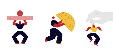 The image displays three stylized figures engaging in acts of balance and effort. The first is...