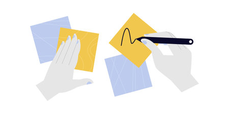 This image portrays two hands involved in a creative process. One hand holds a stylized piece of...