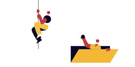 This image illustrates two abstract figures performing dynamic actions. On the left, a figure in red scales a line, suggesting climbing. On the right, another figure reaches out frのイラスト素材