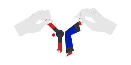 The image displays two hands from opposite sides controlling a puppet, with one hand manipulating the head and the other the arm. The puppet's disjointed, dangling position and theのイラスト素材