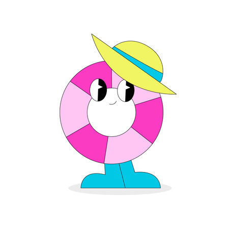 "A charming cartoon character of a beach ball with a sweet expression wearing a stylish yellow hat, against a clean white background."のイラスト素材