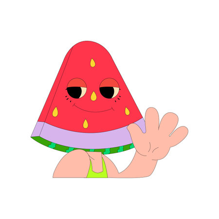 "An animated watermelon slice character with a smiling face, giving a friendly wave, set against a white background."のイラスト素材