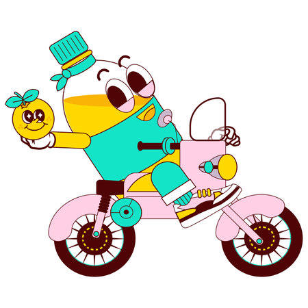 "A whimsical cartoon character resembling a cup, joyfully riding a scooter with a citrus fruit in hand, wearing a top hat, in vibrant colors."のイラスト素材