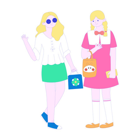 "Two cheerful characters, one waving, the other with a hand on heart, both holding cute bags, portrayed in a playful and bright illustration."のイラスト素材