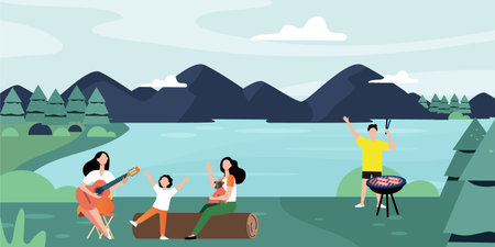 "A group enjoys music and grilling by a tranquil lake with mountains in the background, embodying the essence of a serene camping experience."のイラスト素材