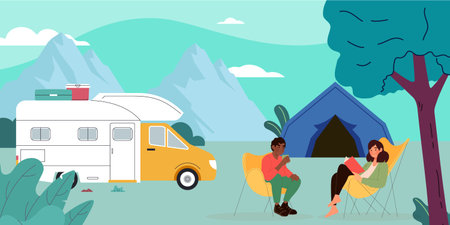 "A couple relaxes by their camper van and tent in a serene camping spot with a mountain backdrop, enjoying leisure activities."のイラスト素材